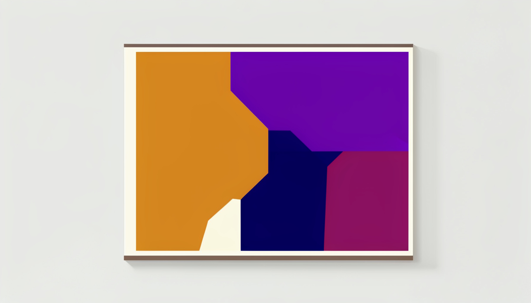 Flat vector illustration of an abstract painting with bold geometric forms in warm ochre, deep blue, and cream, mounted on a gallery wall