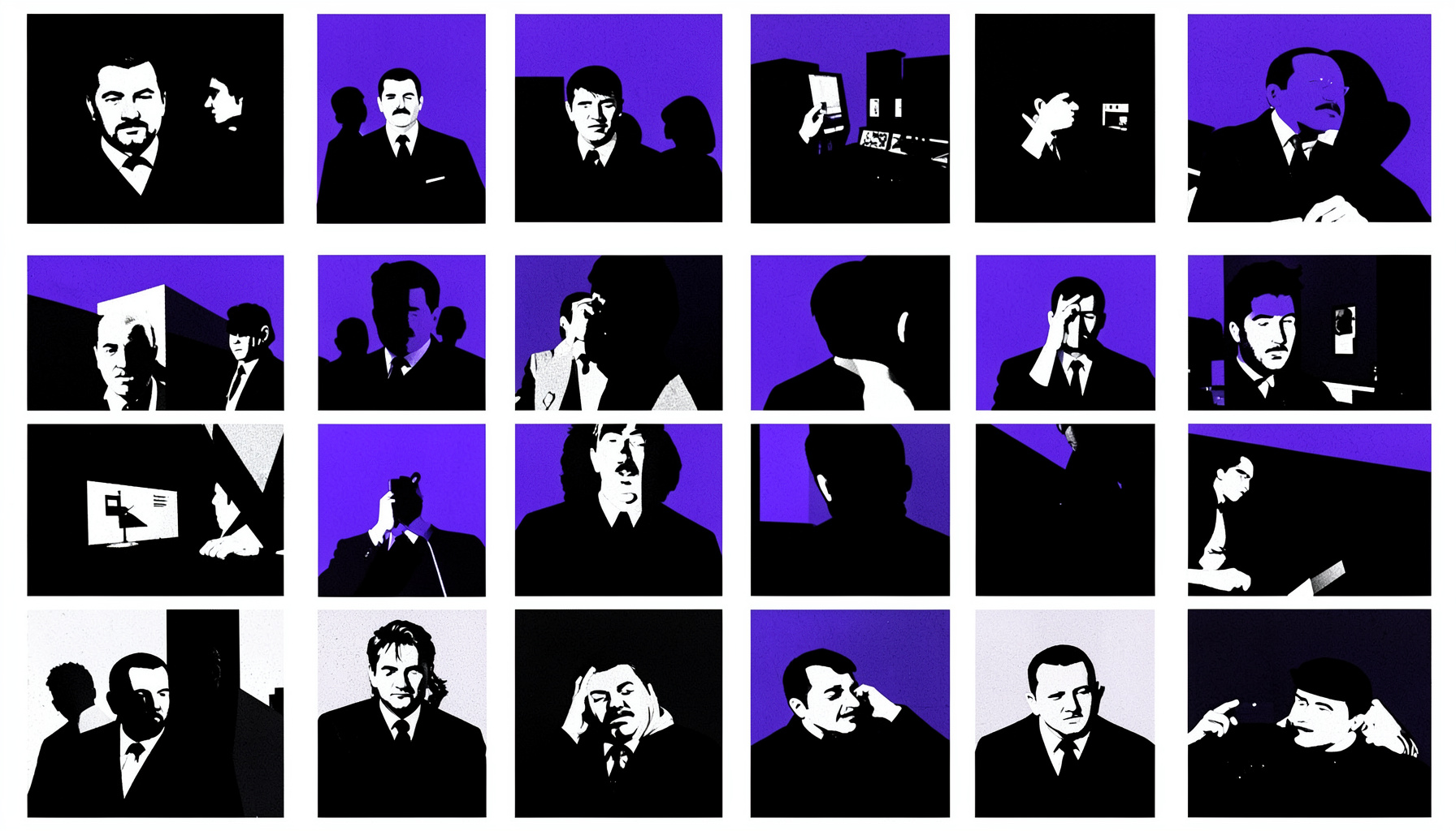 Flat vector illustration of black-and-white photographic compositions arranged in a grid, with strong contrast and subtle grain texture