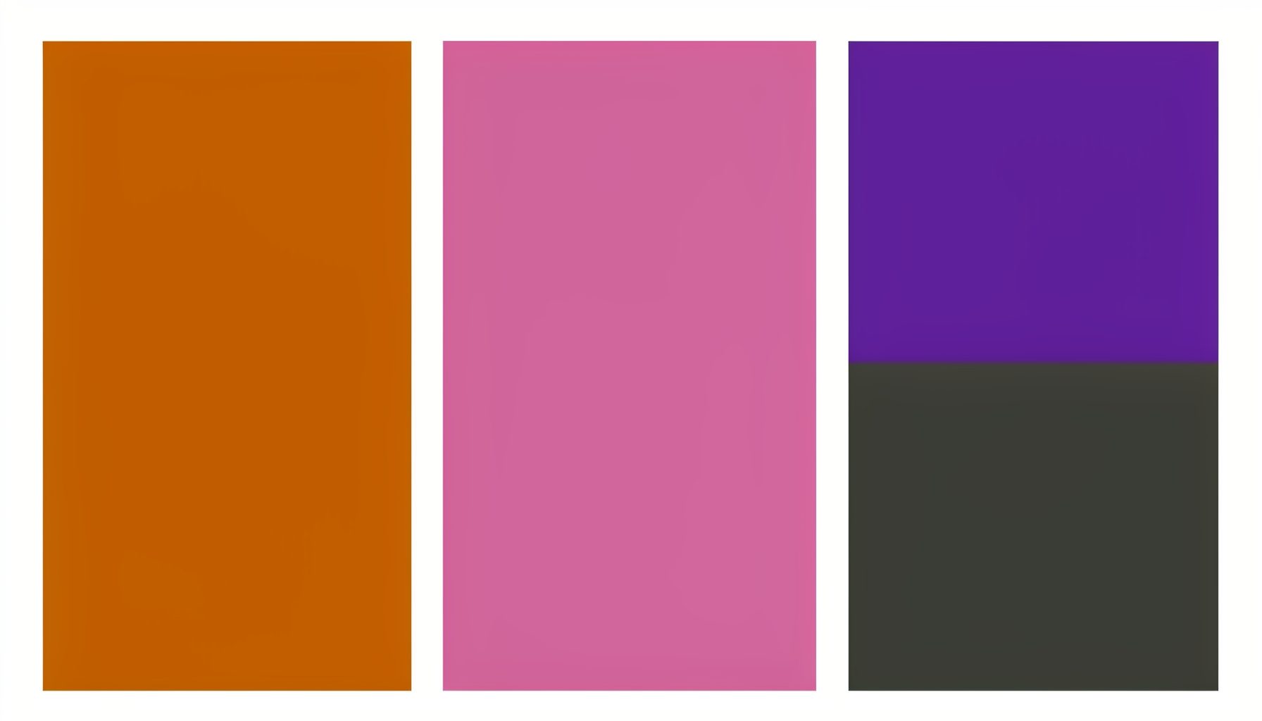 Flat vector illustration of abstract color-field panels in burnt orange, dusty pink, and charcoal, arranged as a triptych
