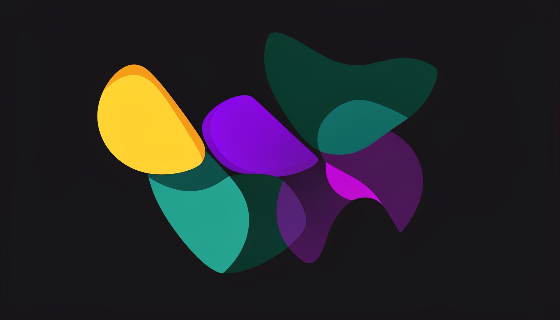 Flat vector illustration of luminous abstract forms in amber, deep teal, and cream, floating against a dark background