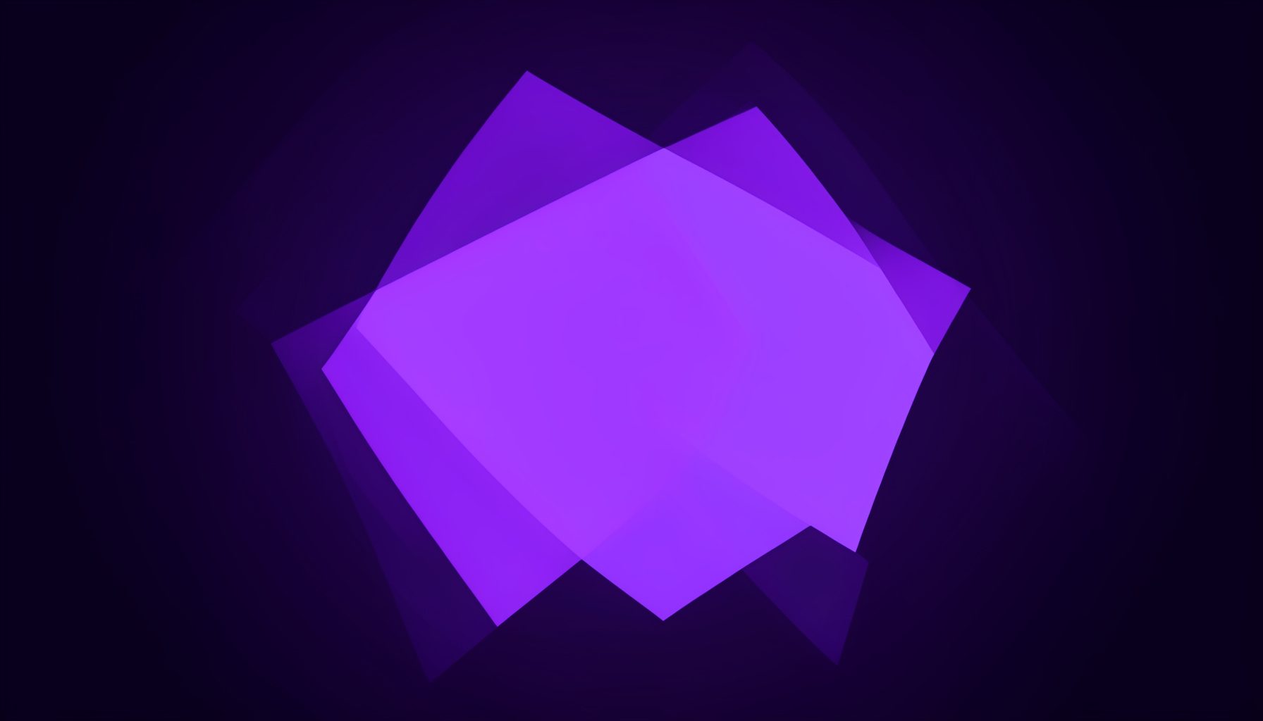 Abstract composition of overlapping translucent purple and violet geometric shapes on a dark gradient background, evoking a calm gallery atmosphere